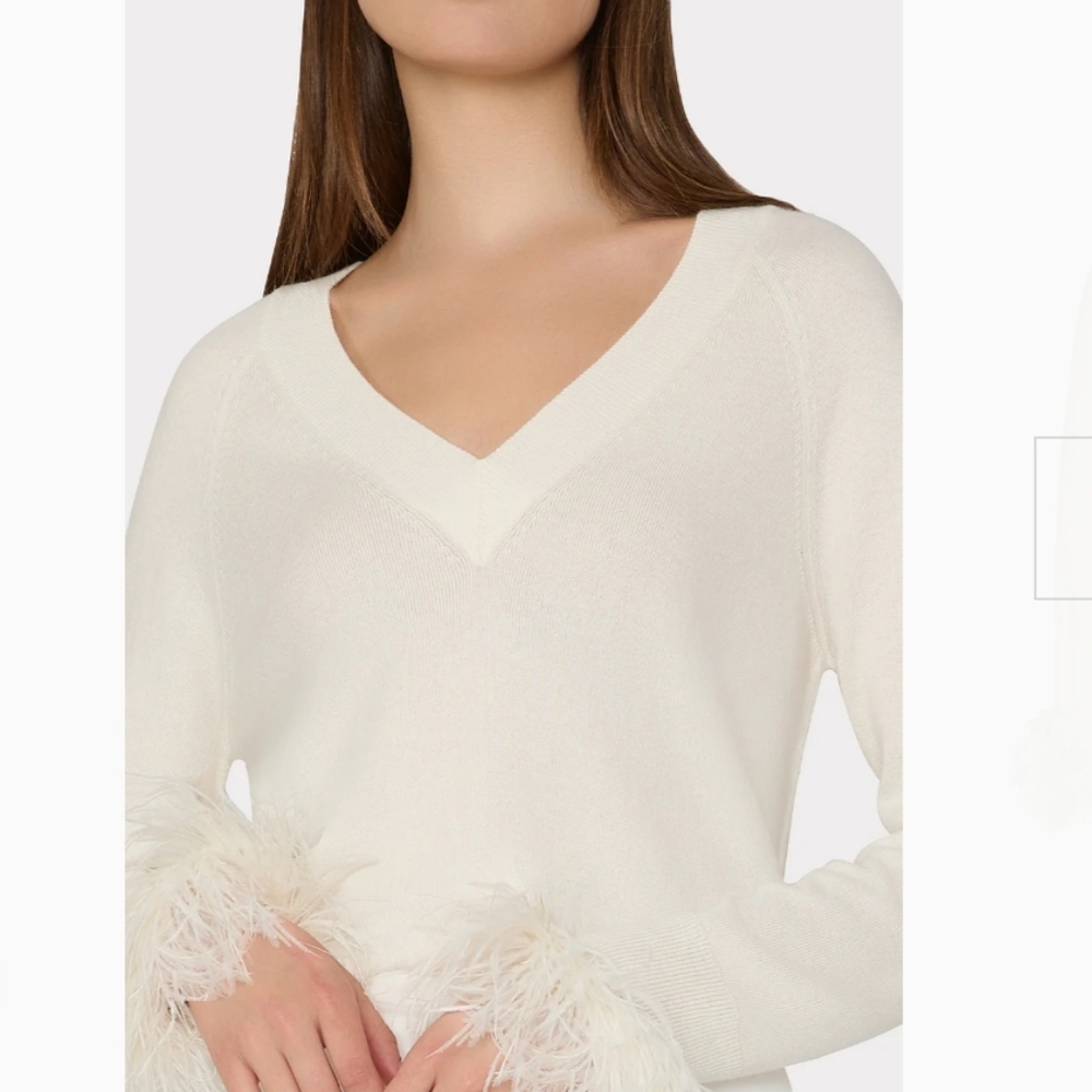 Milly Feather Cuff V-Neck Sweater